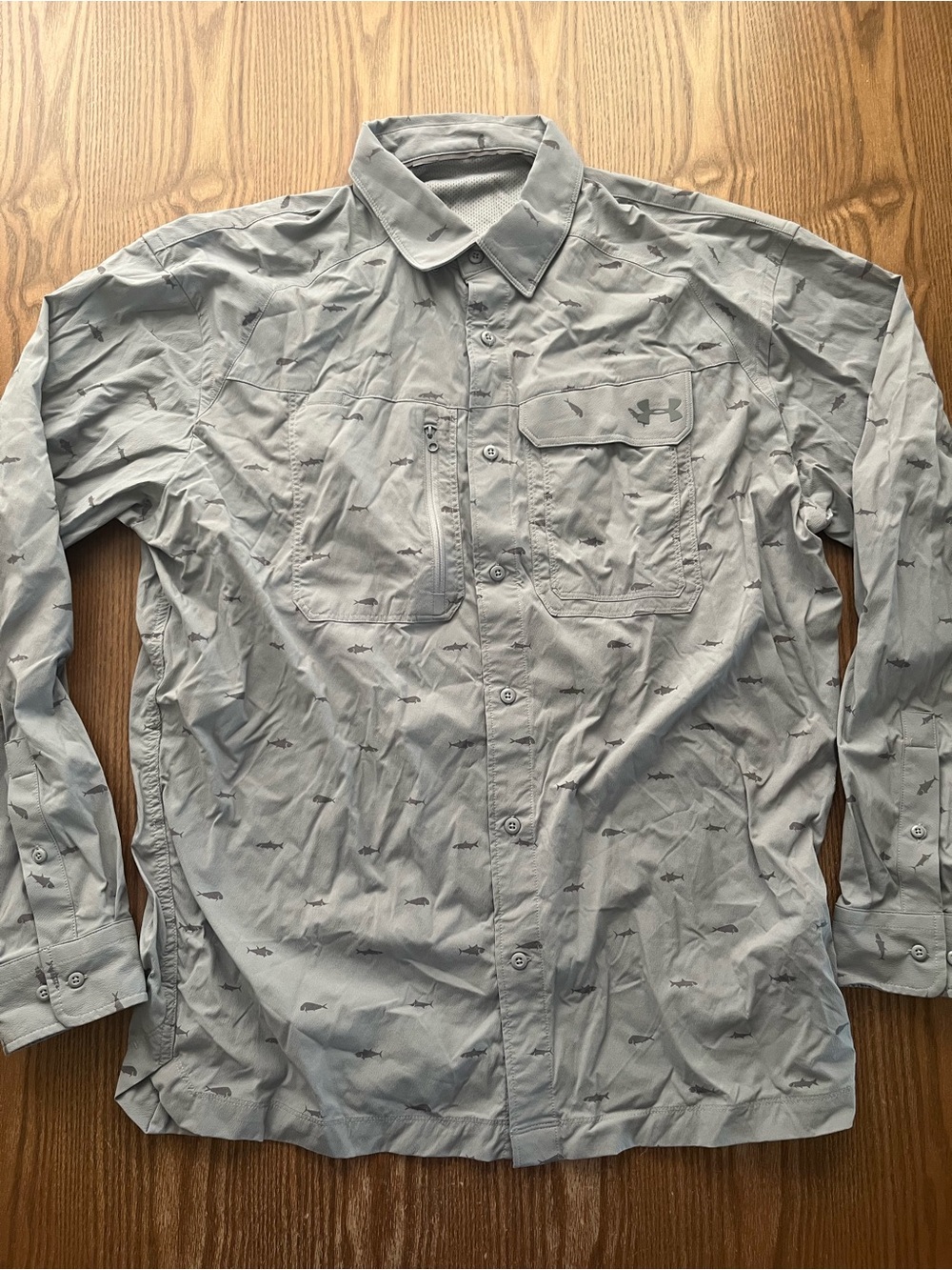 Under Armour HeatGear Mens Large Gray Button Up Long Sleeve Fishing Shirt